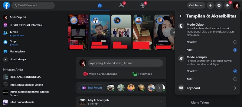 Cara mengaktifkan Dark Mode Facebook (di HP dan PC) 14 Tampilan dark mode pada Facebook Desktop