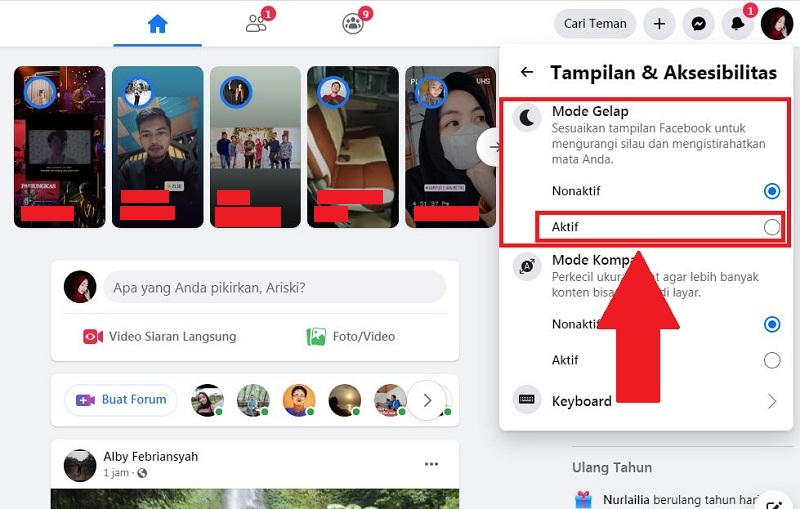 Cara mengaktifkan Dark Mode Facebook (di HP dan PC) 13 Pilih "Aktif" pada kolom mode gelap untuk mengaktifkan fitur tersebut