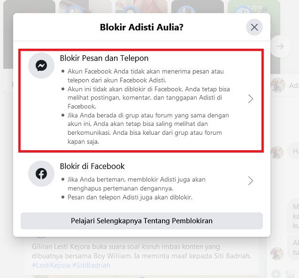 Cara memblokir pesan di Facebook 18 pilih opsi pertama “Blokir pesan dan telepon”