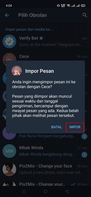 Cara memindahkan chat WhatsApp ke Telegram 7 Pilih dan tekan "impor"