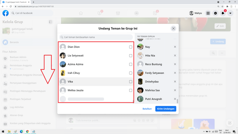 Cara menambahkan teman ke grup Facebook dengan cepat 30 geser kebawah untuk membantu program memuat nama teman baru di daftar undangan