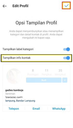 Cara Menambahkan Tombol WhatsApp di Instagram 10 tap ikon centang
