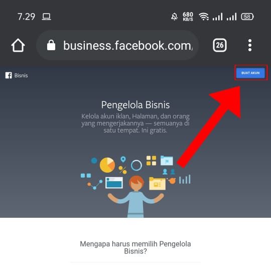 Cara membuat akun bisnis manager di Facebook 1 Klik dan pilih "buat akun"
