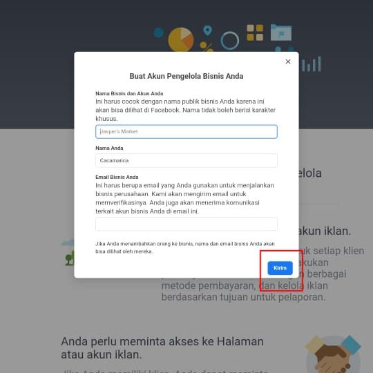 Cara membuat akun bisnis manager di Facebook 2 Klik dan pilih "kirim"