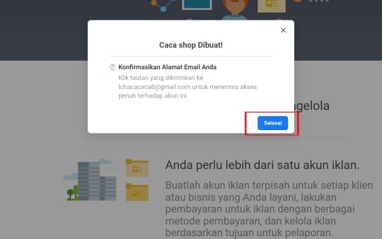 Cara membuat akun bisnis manager di Facebook 3 Klik dan pilih "selesai"
