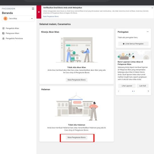 Cara membuat akun bisnis manager di Facebook 5 Klik dan pilih "buka pengaturan bisnis"