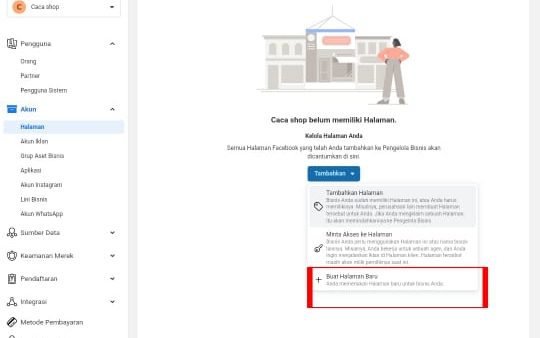 Cara membuat akun bisnis manager di Facebook 7 Klik dan pilih "buat halaman baru"