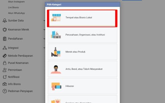 Cara membuat akun bisnis manager di Facebook 8 Klik dan pilih "tempat atau bisnis lokal"
