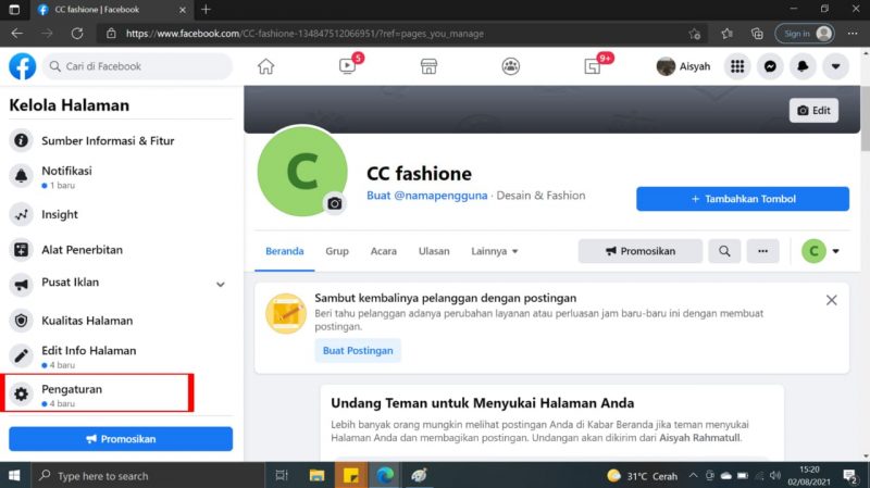 Cara menghapus halaman yang kita buat di Facebook 11 Pilih dak tekan "pengaturan"
