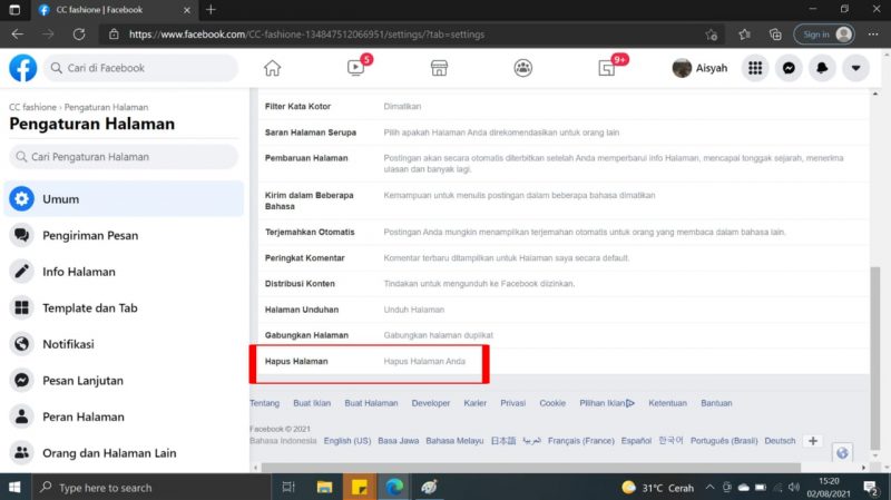 Cara menghapus halaman yang kita buat di Facebook 12 Pilih dak tekan "mhapus halaman"