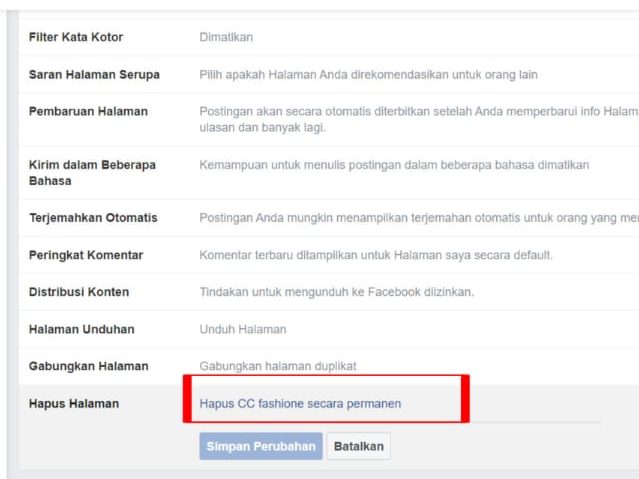 Cara menghapus halaman yang kita buat di Facebook 13 Pilih dak tekan "hapus cc fashione secara permanen"