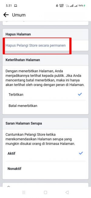 Cara menghapus halaman yang kita buat di Facebook 6 Pilih dak tekan "hapus pelangi store secara permanen"