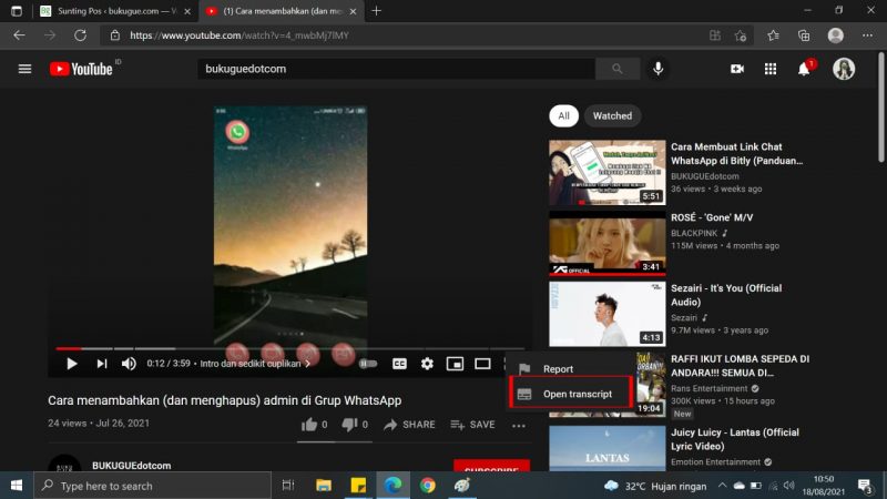 Cara transkrip video Youtube yang tidak ada subtitle 1 Klik dan pilih "open transcript"