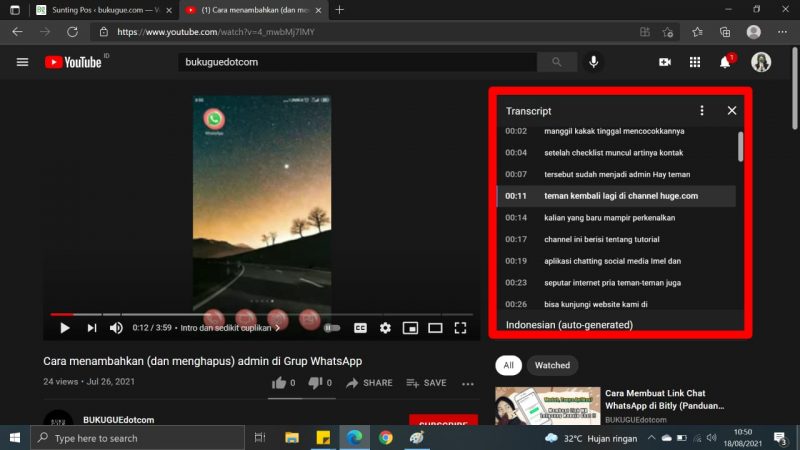 Cara transkrip video Youtube yang tidak ada subtitle 2 Klik dan pilih "hasil"