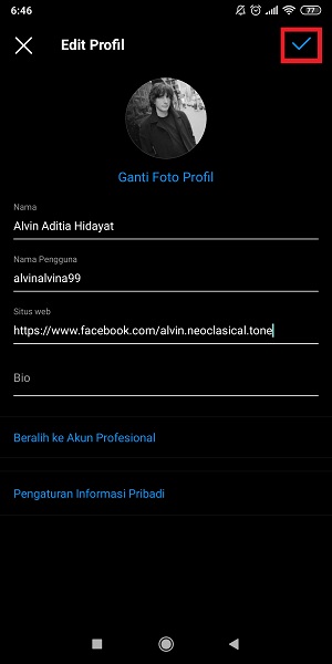 Cara menambahkan link Facebook di bio Instagram 10 Tap icon “checklist” di kanan atas.