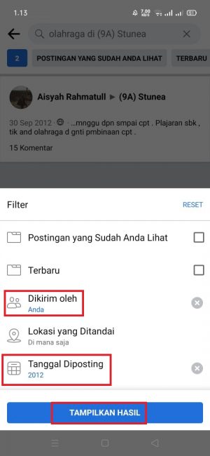 Cara Melihat Postingan Lama di Grup Facebook (di HP dan PC) 11 klik dan pilih "tampilkan hasil"