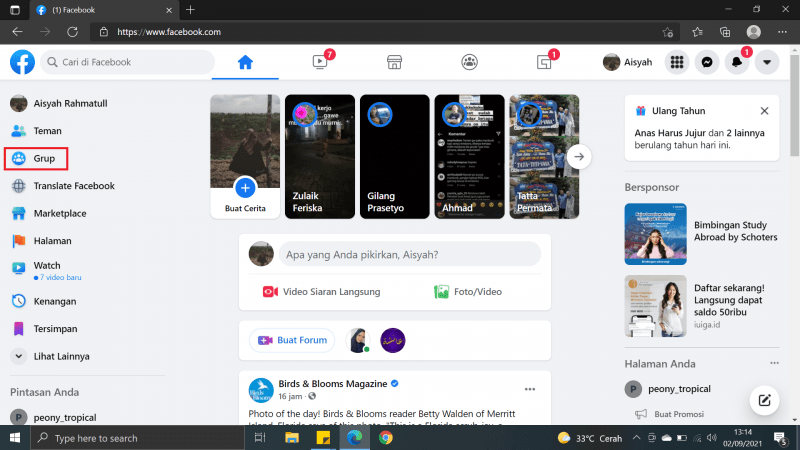 Cara melihat postingan lama di grup Facebook 13 klik dan pilih "grup"