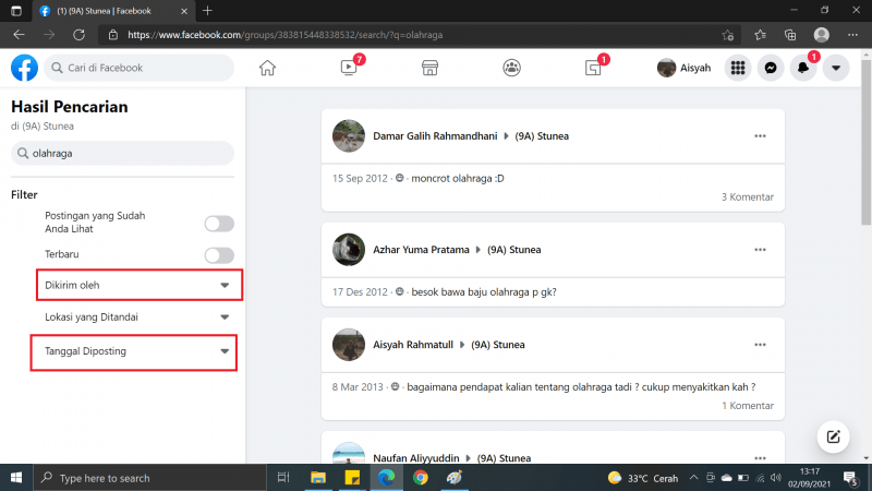 Cara melihat postingan lama di grup Facebook 17 klik dan pilih "filter"