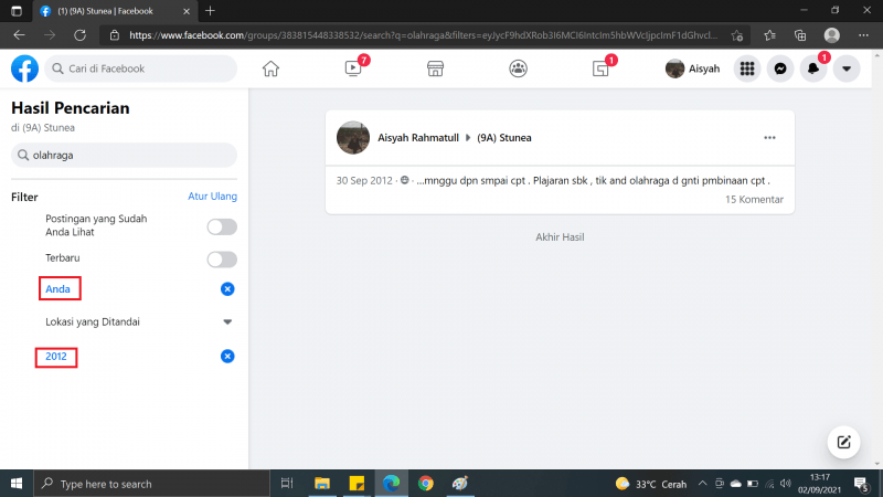 Cara melihat postingan lama di grup Facebook 18 klik dan pilih "hasil"