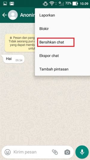 Cara membersihkan chat WhatsApp (bisa satu-satu atau semua sekaligus) 3 tekan menu "berihkan chat"