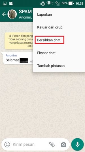 Cara membersihkan chat WhatsApp (bisa satu-satu atau semua sekaligus) 9 Tekan menu “Bersihkan chat”.