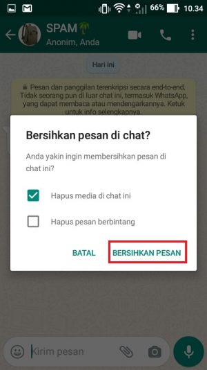 Cara membersihkan chat WhatsApp (bisa satu-satu atau semua sekaligus) 11 Selanjutnya tekan menu “Bersihkan Pesan”.