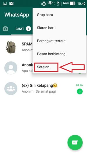 Cara membersihkan chat WhatsApp (bisa satu-satu atau semua sekaligus) 14 tekan menu “Setelan” yang ada di baris paling bawah.