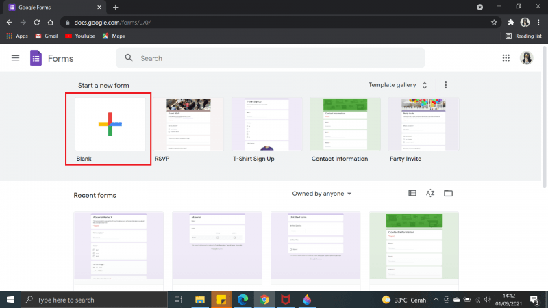 Cara Membuat Absen di Google Form dengan Tanda Tangan 1 Pilih dan klik "blank"