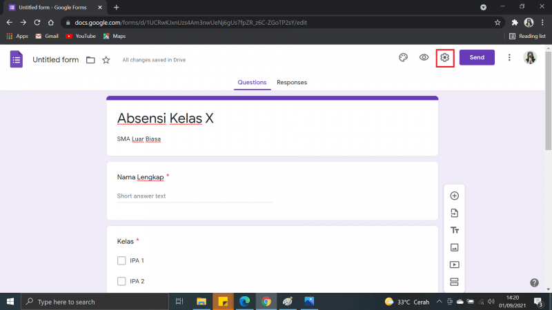 Cara Membuat Absen di Google Form dengan Tanda Tangan 10 Pilih dan klik "pengaturan"