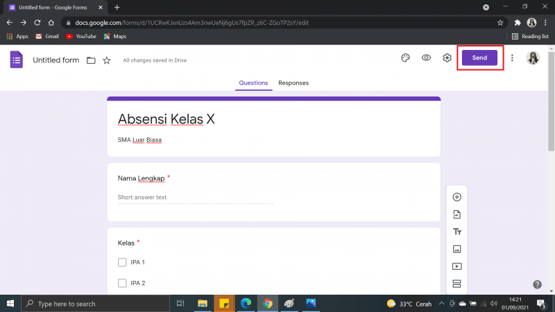 Cara Membuat Absen di Google Form dengan Tanda Tangan 12 Pilih dan klik "send"