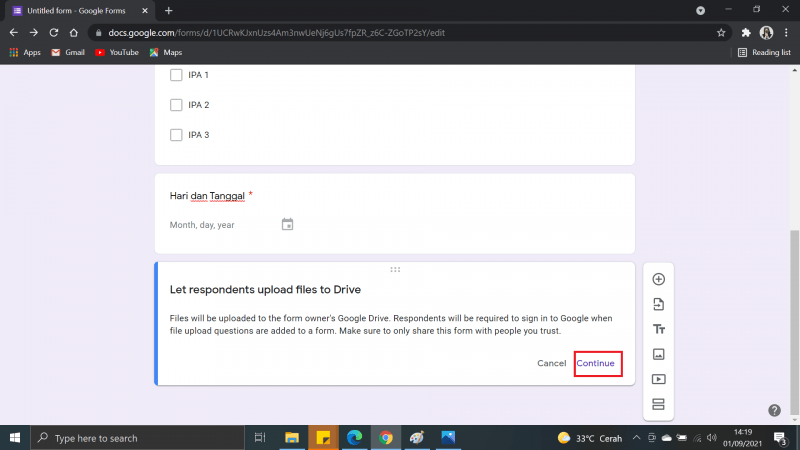 Cara Membuat Absen di Google Form dengan Tanda Tangan 7 Pilih dan klik "continue"
