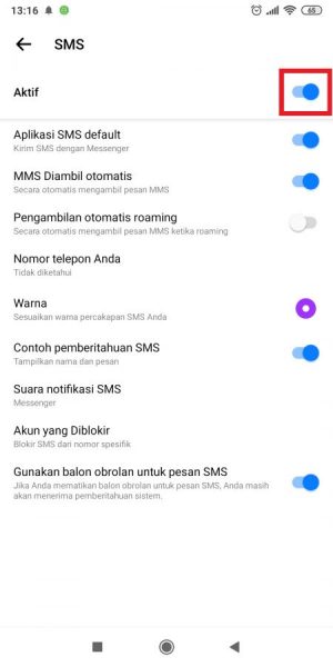 Cara mengatur SMS agar tidak masuk ke Messenger 3 Tap tombol toggle