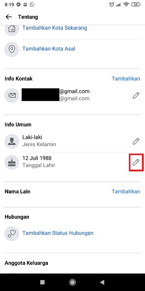 Cara Mengganti Tanggal Lahir di Facebook (Bisa untuk yang limit) 26 tap icon pensil di sebelah kanan tanggal lahir.
