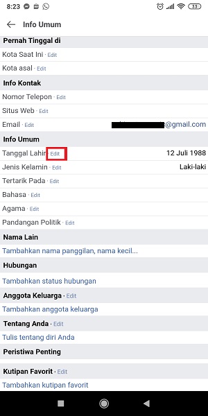 Cara Mengganti Tanggal Lahir di Facebook (Bisa untuk yang limit) 31 Tap "Edit" di sebelah kanan tanggal lahir.