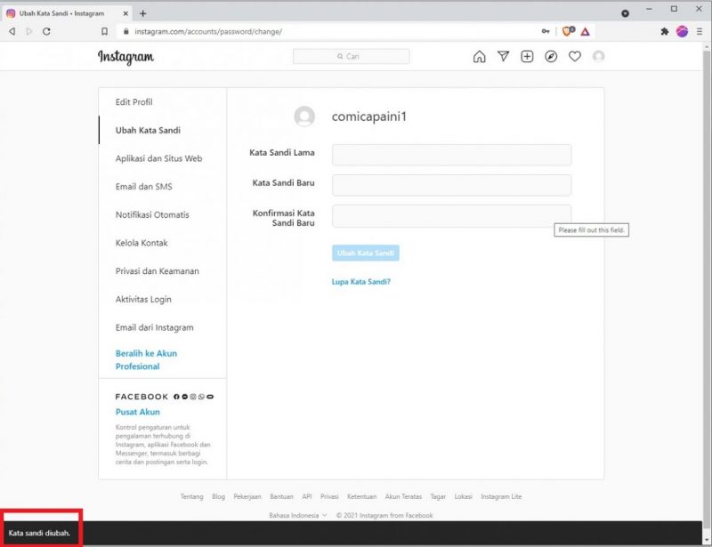 Cara Mengganti Password Instagram di HP dan PC 15 Kata sandi sudah berhasil diganti.
