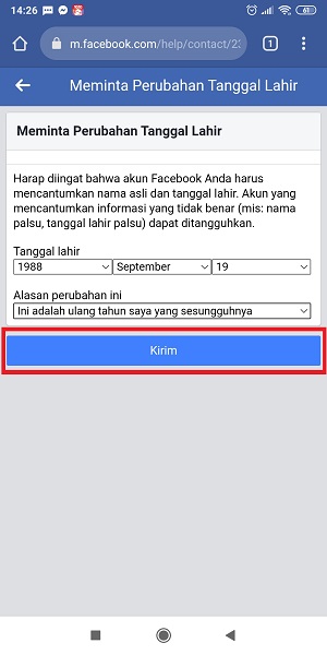 Cara Mengganti Tanggal Lahir di Facebook (Bisa untuk yang limit) 45 Tap "Kirim".