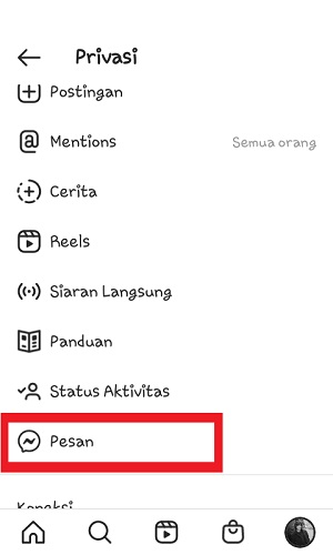 Cara agar orang (atau teman) tidak bisa DM kita di Instagram 5 Tap "Pesan".
