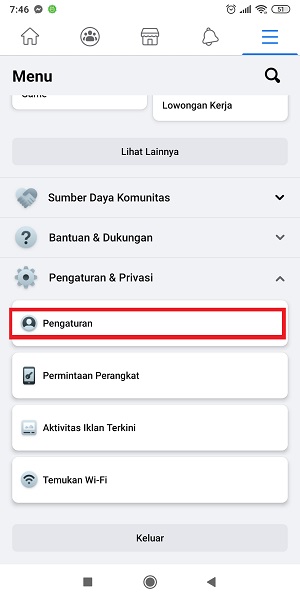 Cara mencari komentar kita di Facebook (di postingan sendiri dan orang lain) 3 Tap "Pengaturan".