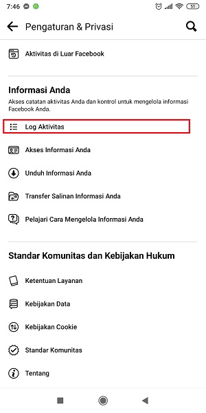 Cara mencari komentar kita di Facebook (di postingan sendiri dan orang lain) 4 Tap "Log Aktivitas".
