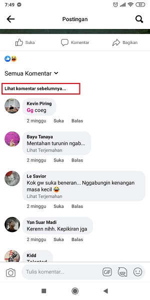 Cara mencari komentar kita di Facebook (di postingan sendiri dan orang lain) 19 Tap "LIhat komentar sebelumnya".