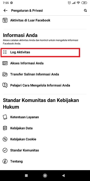 Cara mencari komentar kita di Facebook (di postingan sendiri dan orang lain) 22 Tap "Log Aktivitas".