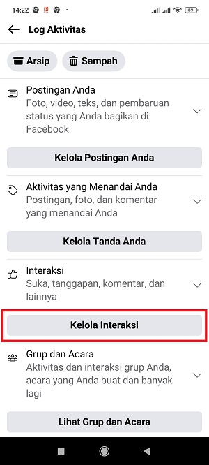 Cara Melihat Status Yang Kita Like di Facebook 22 Tap "Kelola Interaksi".