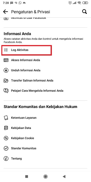 Cara Menghapus Riwayat Video Yang Ditonton di Facebook (bisa semua sekaligus) 4 Tap “Log Aktivitas”