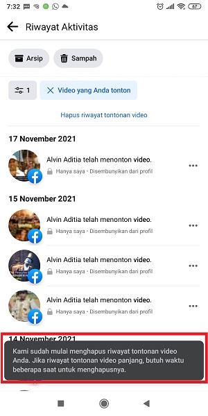 Cara Menghapus Riwayat Video Yang Ditonton di Facebook (bisa semua sekaligus) 15 Muncul notifikasi yang menunjukan proses penghapusan video sudah dimulai.