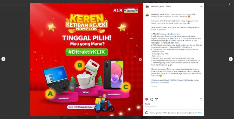 Apa itu Giveaway di Instagram? Bisakah dipercaya? 1 Contoh giveaway dari indomaret di Instagram