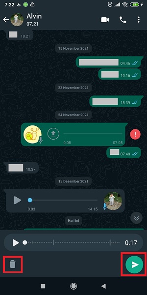 Cara mendengarkan voice note di WhatsApp sebelum dikirim 8 Tap icon "Send" untuk mengirim pesan atau tap icon "tong sampah" untuk menghapus pesan.