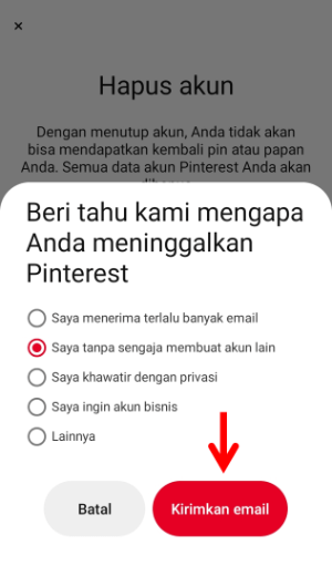 Cara menonaktifkan sementara atau menghapus permanen akun Pinterest 12 Pilih Alasan Hapus Akun Pinterest