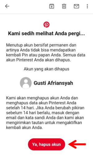 Cara menonaktifkan sementara atau menghapus permanen akun Pinterest 13 Konfirmasi Hapus Akun Pinterest
