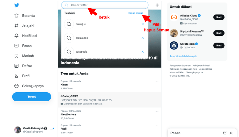 Cara Menghapus History Pencarian di Twitter (di HP dan PC) 6 Pilih Menu Hapus Semua