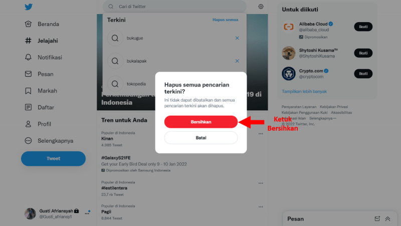 Cara Menghapus History Pencarian di Twitter (di HP dan PC) 7 Pilih Menu Bersihkan